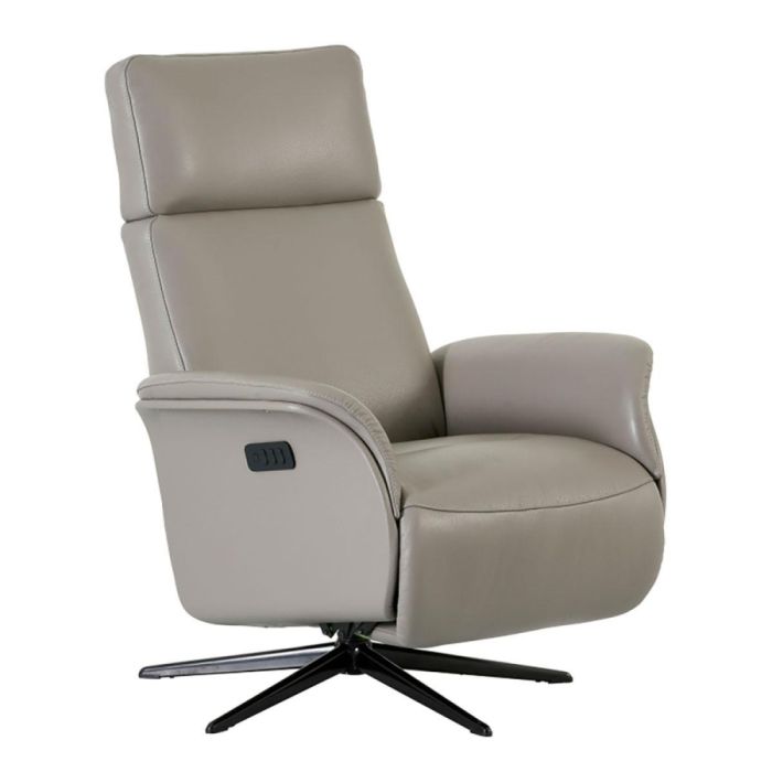 Grijze leren relaxfauteuil met hoge rug en zwarte draaivoet zijaanzicht