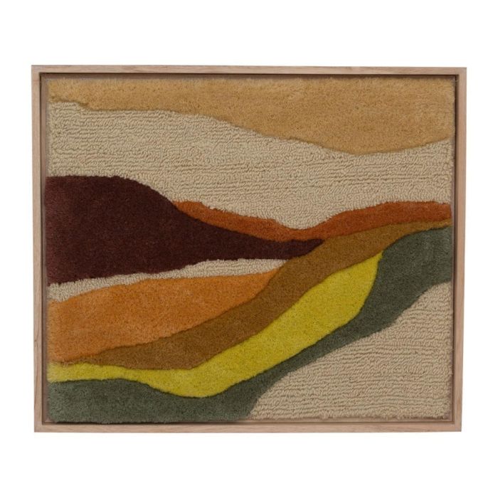 Getufte wanddecoratie met organisch patroon in aardetinten in eikenhouten lijst