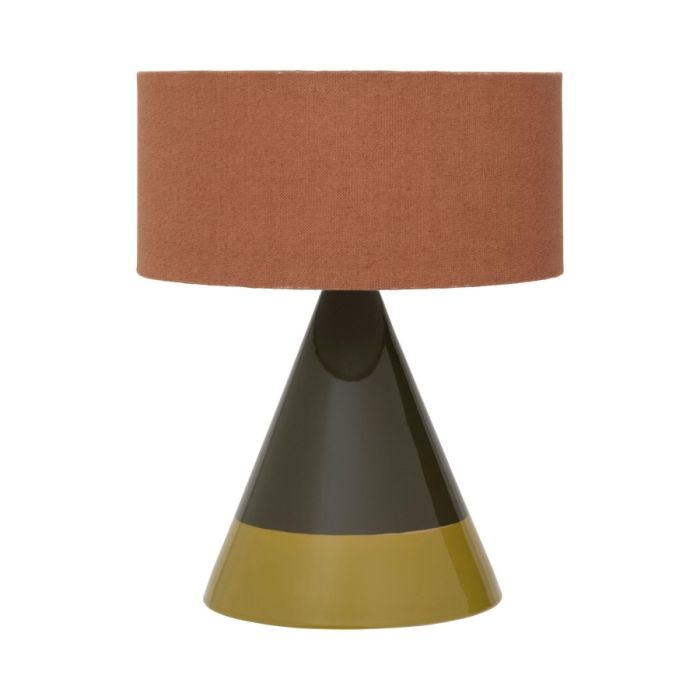 Keramieken tafellamp met conische voet in kalamata groen en roestbruine linnen kap