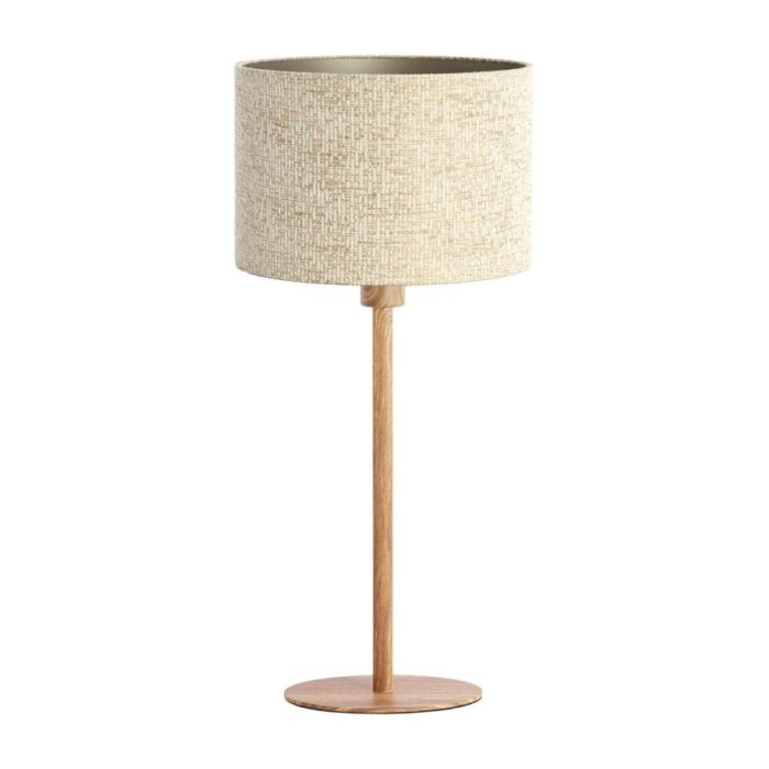 Tafellamp Boreray met beige ronde lampenkap en slanke voet in houtlook op ronde basis