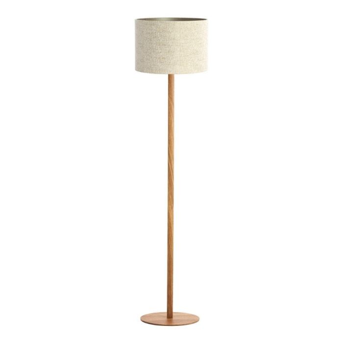 Vloerlamp Boreray met beige ronde lampenkap en slanke voet in houtlook op ronde basis