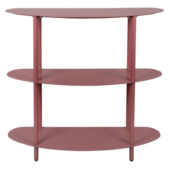 Metalen kast in burgundy rood met drie afgeronde planken en slanke poten, frontaal weergegeven tegen lichte achtergrond