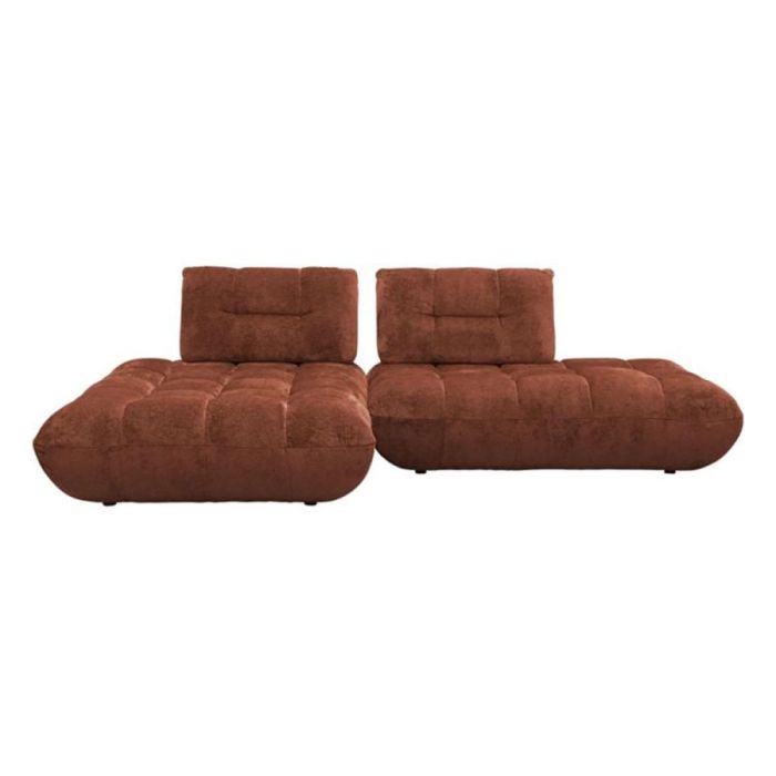 Bruine modulaire bank met twee elementen en blokpatroon, lage rug en brede zitting