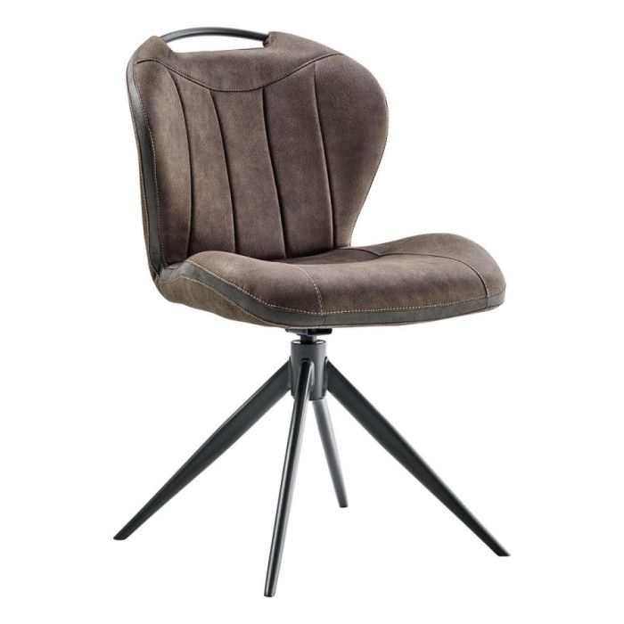 Draaibare eetkamerstoel in antraciet microvezel met zwart metalen onderstel en verticale stiknaden in de rugleuning
