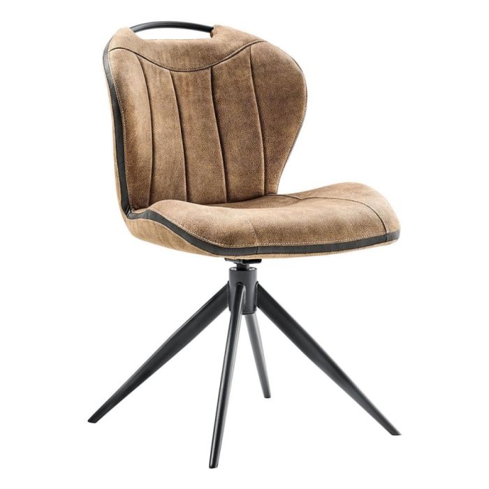 Draaibare eetkamerstoel in taupe microvezel met zwart metalen onderstel en verticale stiknaden in de rugleuning
