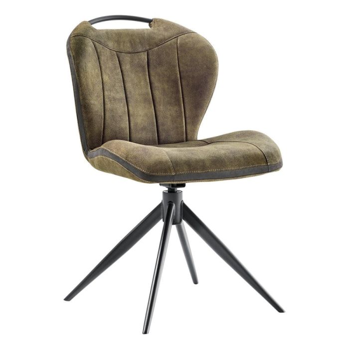 Draaibare eetkamerstoel in groen microvezel met zwart metalen onderstel en verticale stiknaden in de rugleuning