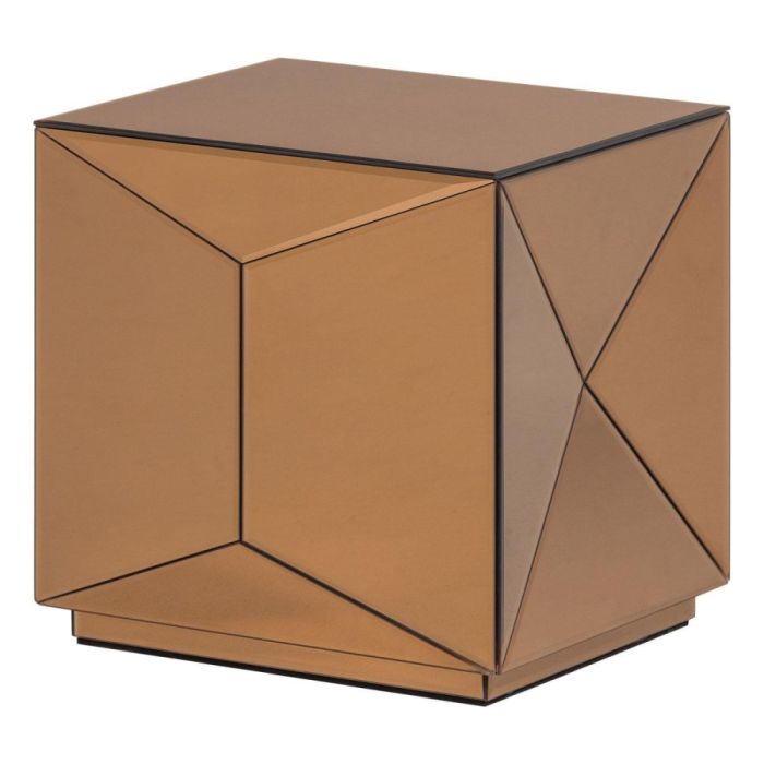 Kubusvormige bijzettafel Glintz in bruin spiegelglas met geometrische vlakken en donkere lijnen op witte achtergrond
