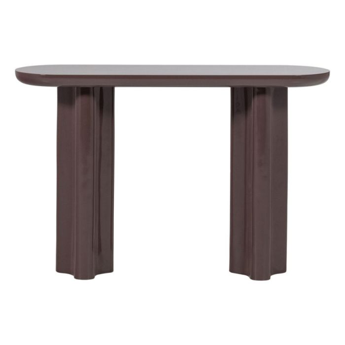 Donkerbruine sidetable Evara met hoogglans blad en twee speelse cilindervormige poten op witte achtergrond