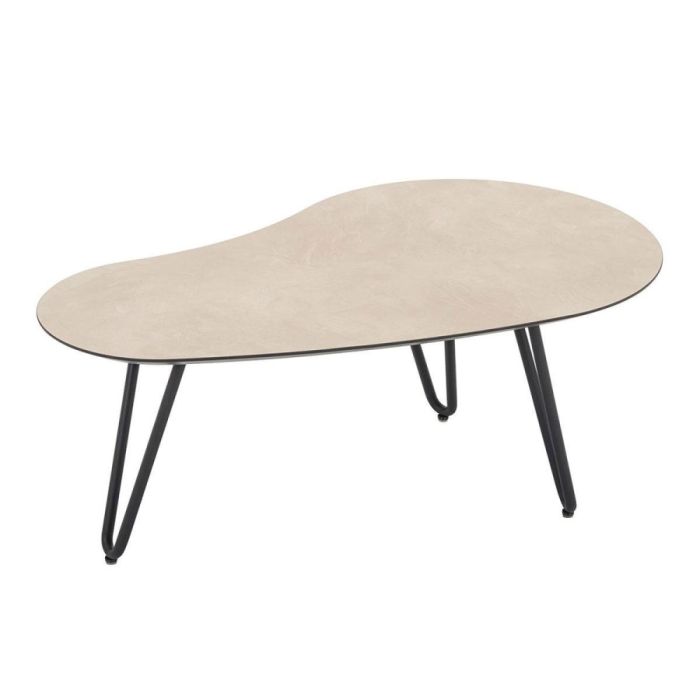 Organische salontafel Hano met licht HPL blad en zwarte metalen poten