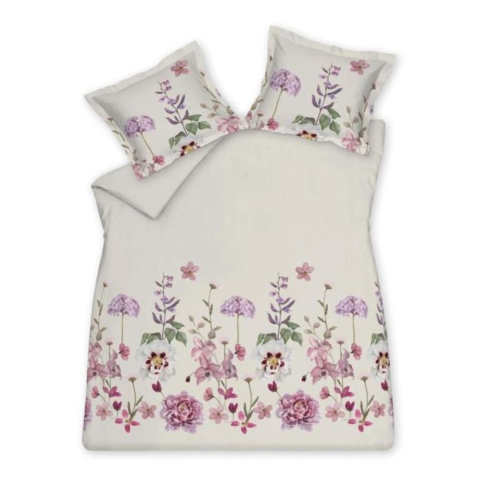 Dekbedovertrek Violet Garden offwhite van Vandyck met bloemenprint in paars, roze en groen op een offwhite achtergrond