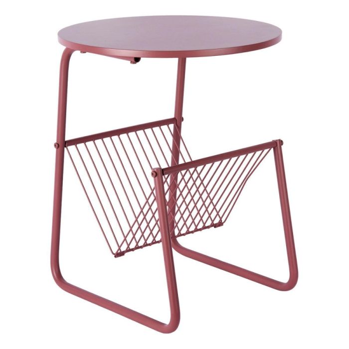 Ronde metalen bijzettafel in burgundy rood met geïntegreerd draadstalen magazinevak