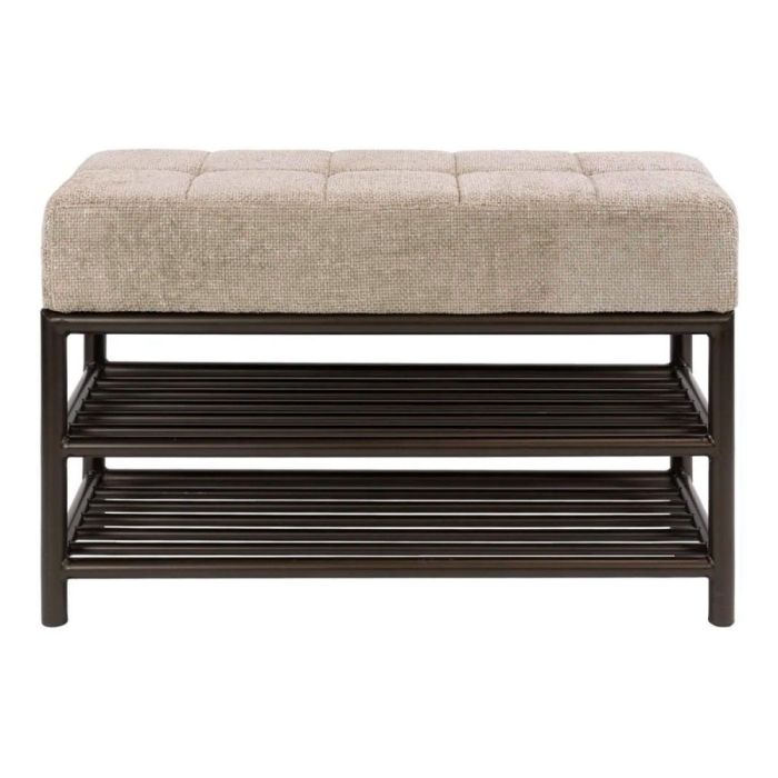 Schoenenbank Terra Drift Brown met lichtbruine gestoffeerde zitting en donker metalen frame met twee opbergvakken
