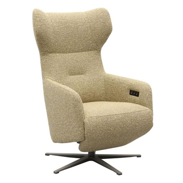 Beige relaxfauteuil Nora in zijaanzicht met hoge rug en zwarte draaivoet