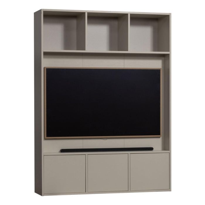 TV opbergkast in beige Dust kleur met open vakken bovenin en gesloten kastjes onder tv