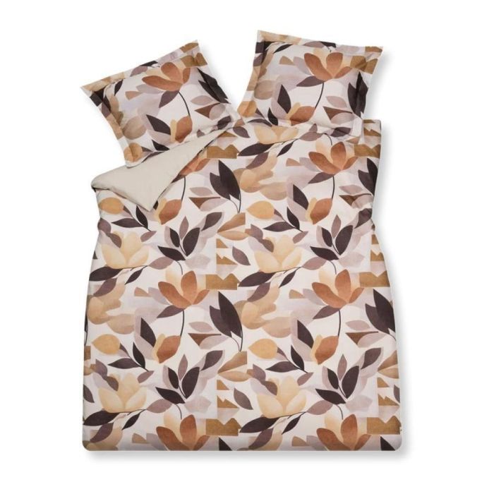 Dekbedovertrek met abstract bloemenpatroon in taupe en beige tinten op lichte achtergrond