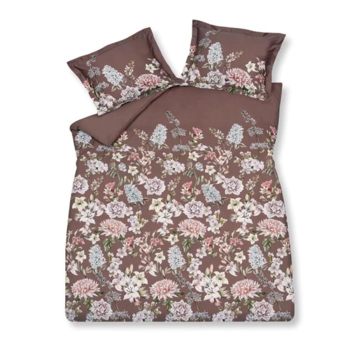 Bruin dekbedovertrek met bloemendessin in roze en crème tinten met bijpassende kussenslopen