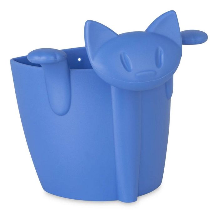 Blauw theezeefje in de vorm van een kat met haakjes om aan een mok te hangen