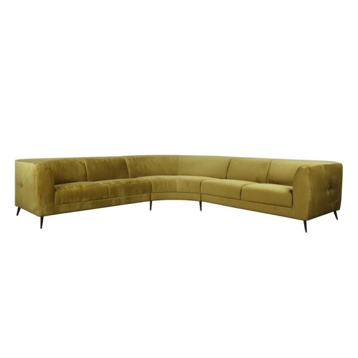 Hoekbank Wolcott met gebogen opstelling, groene stoffen bekleding en zwarte metalen poten.