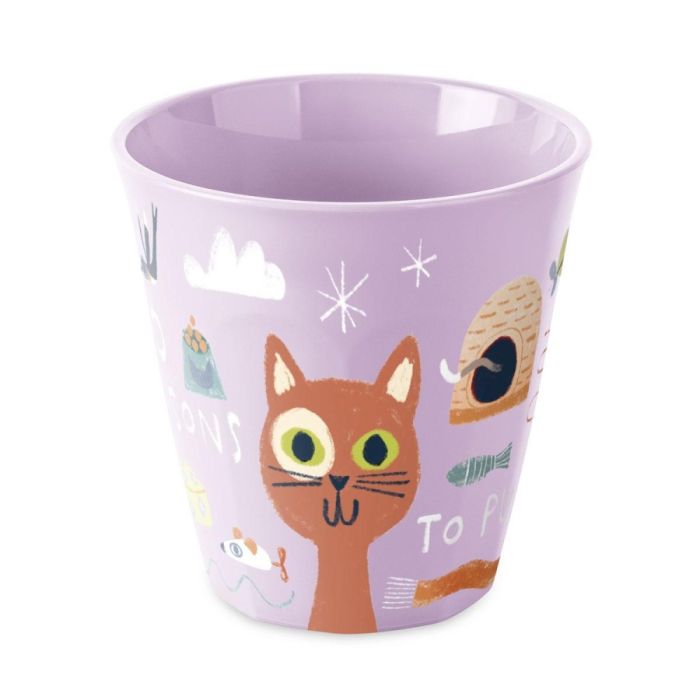 Lila beker met handgetekende kat illustratie uit de NORA Stories PURRS serie