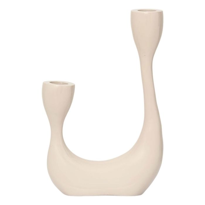 Beige kandelaar met organische U-vorm en twee kaarshouders op witte achtergrond