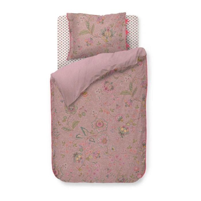 Dekbedovertrek Mumbai Morning Pink van Pip Studio met roze bloemenprint en gestreepte achterzijde