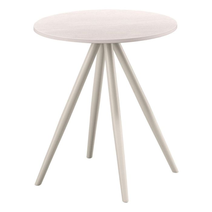 Ronde witte salontafel met keramisch blad en slanke lichtgekleurde poten