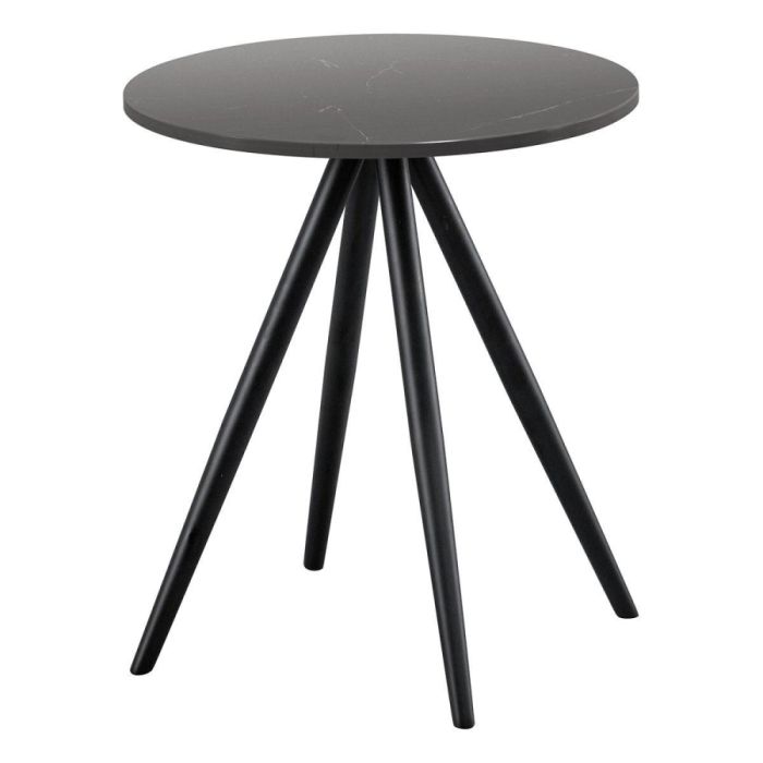 Ronde witte salontafel met keramisch blad en slanke lichtgekleurde poten