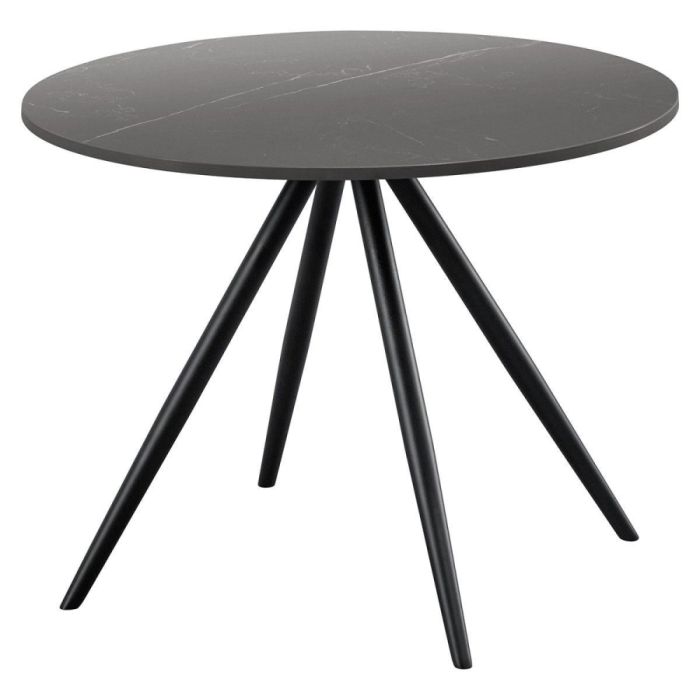 Ronde zwarte salontafel met keramisch blad in marmerlook en slanke zwarte poten