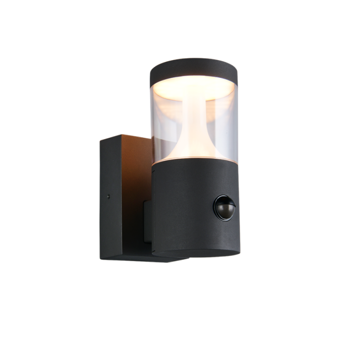 Buitenwandlamp Tagus met bewegingssensor in antraciet uitgevoerd in gegoten aluminium met transparante kap en geïntegreerde ledverlichting