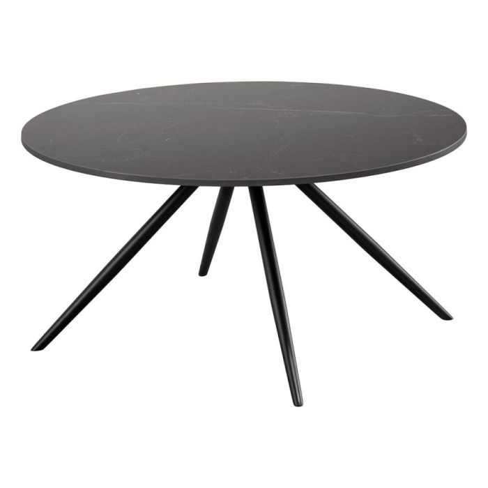 Ronde zwarte salontafel van 80 cm met keramisch blad in marmerlook en slanke zwarte poten