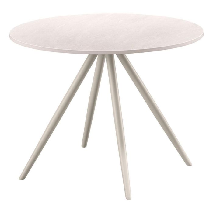 Ronde salontafel van 60 cm met wit keramisch blad en slanke lichtgekleurde poten