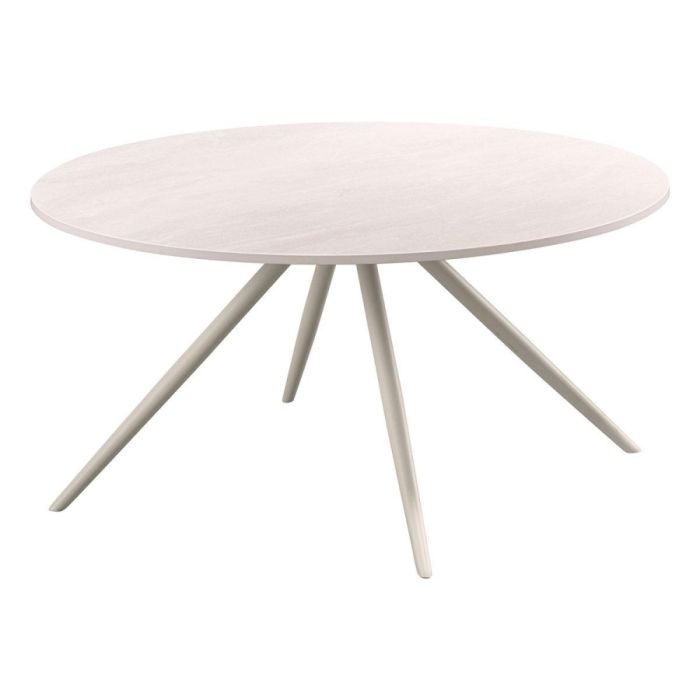 Ronde witte salontafel van 80 cm met keramisch blad en slanke lichtgekleurde metalen poten