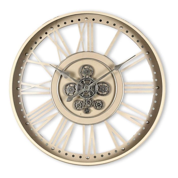 Ronde metalen wandklok in taupe met open ontwerp, Romeinse cijfers en zichtbare tandwielen in het midden