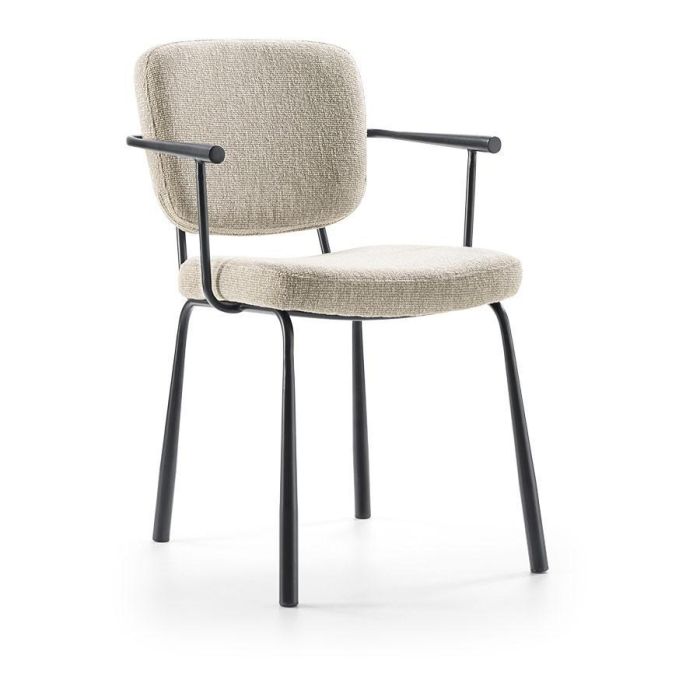 Eetkamerstoel Whitfield beige met zachte stoffen bekleding en zwart metalen frame zijaanzicht
