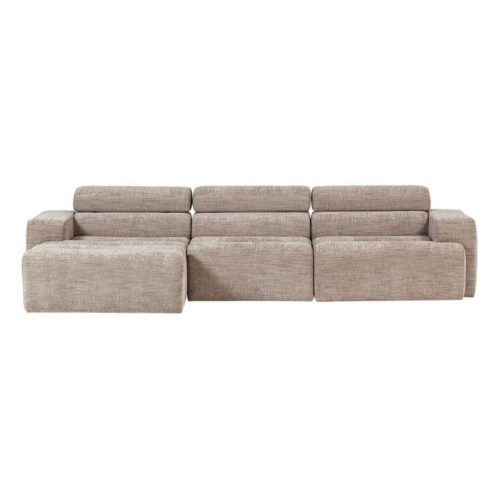Grote chaise longue bank links in naturel melange stof met brede zitkussens en verstelbare rugdelen op witte achtergrond