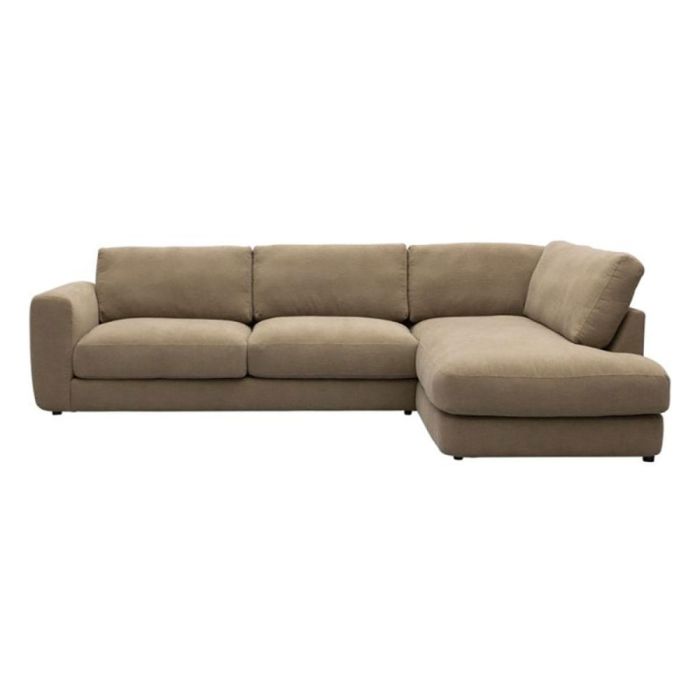 Hoekbank Matera in taupe stof met chaise longue rechts, frontaal op witte achtergrond