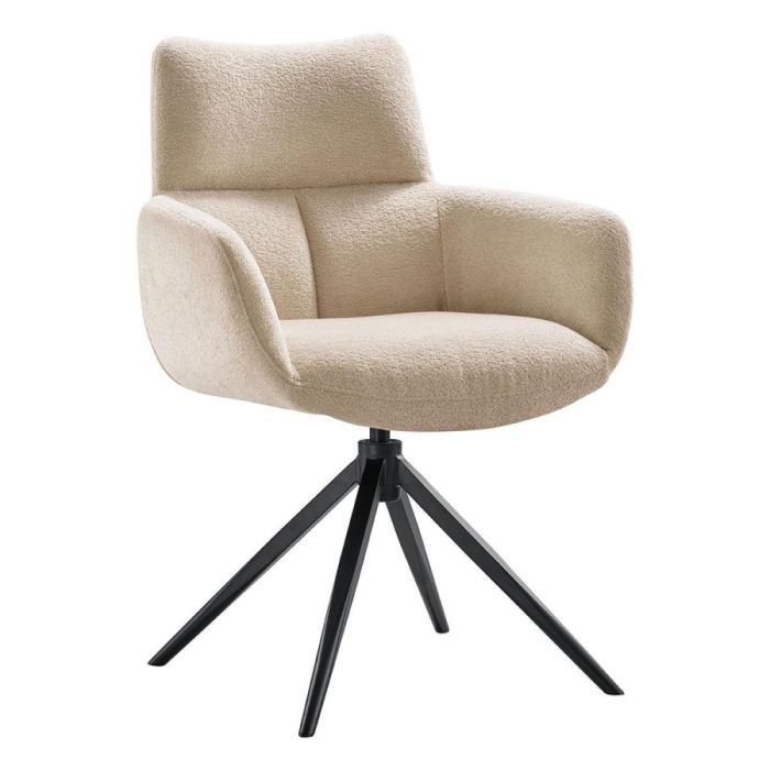 Draaibare armstoel Kalania in beige Stella stof met zwarte metalen draaipoot