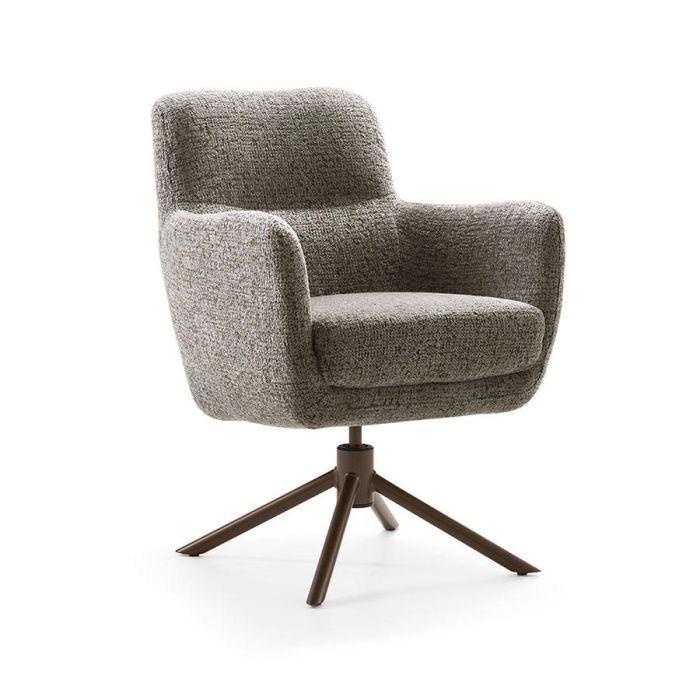 Luxe armstoel Dutchz 4300 van House of Dutchz met gemêleerde stofbekleding, armleuningen en draaibare metalen spinpoot.