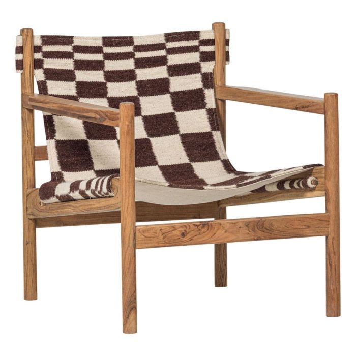 WOOOD Zano fauteuil van acaciahout met bruin-crème kelim zitting in ruitpatroon
