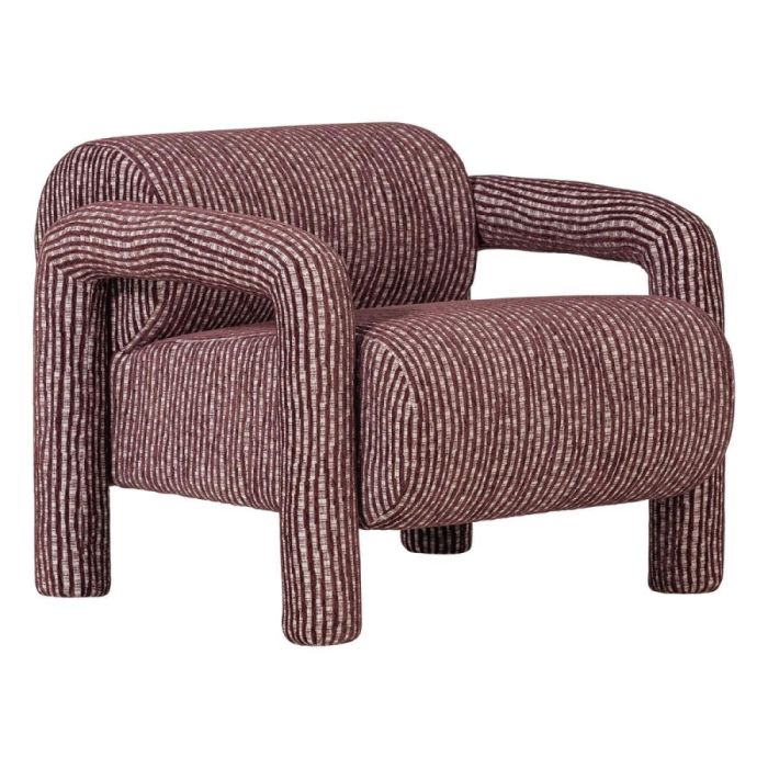Fauteuil Lenny in bordeauxrode stof met grafisch dessin en afgeronde armleuningen op witte achtergrond