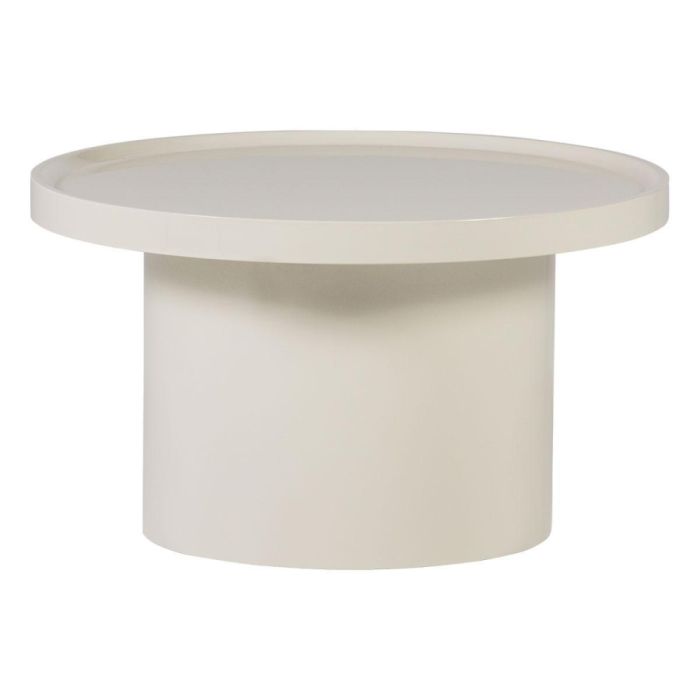 Ronde bijzettafel Veluna in zandkleur met hoogglans blad en brede cilindervormige poot op witte achtergrond