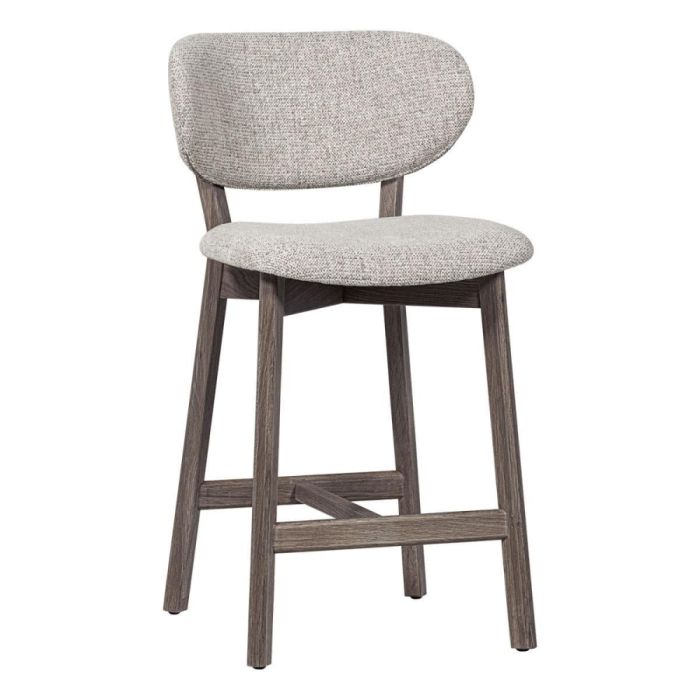 Barstoel Udar met beige melange zitting en bruin houten frame in schuin vooraanzicht