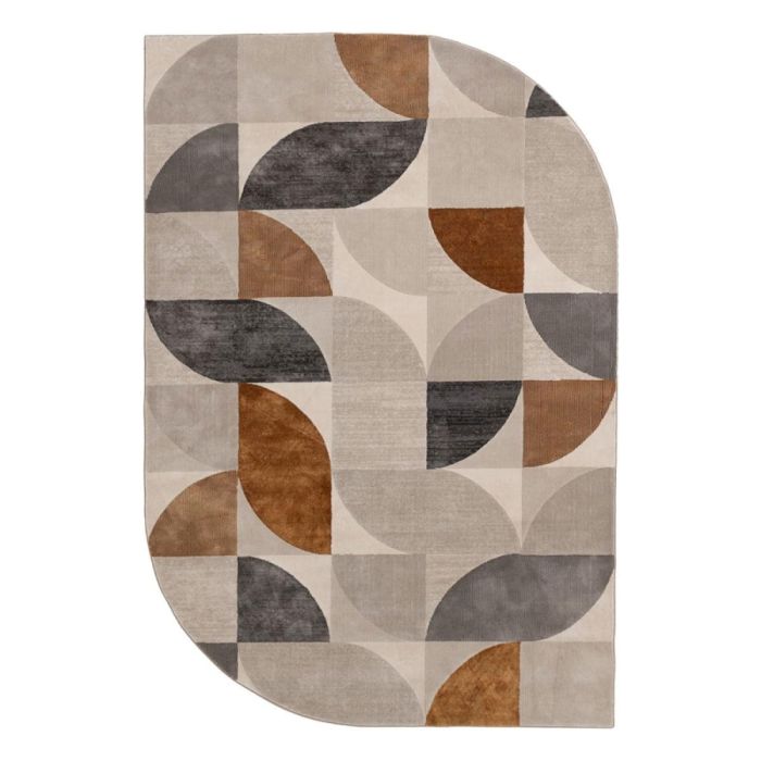 Groot vloerkleed met afgeronde hoek en grafisch patroon in beige, taupe, bruin en antraciet