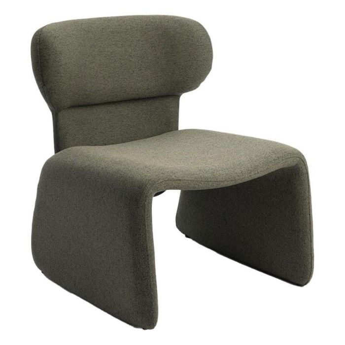 Olijfgroene fauteuil met ronde rugleuning en doorlopende zitting die overgaat in de poten