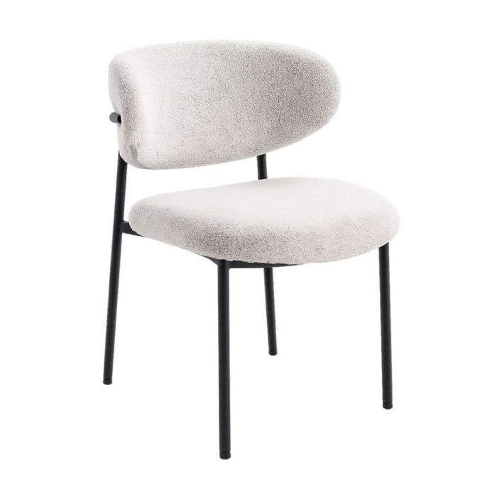 Eetkamerstoel Jona kiezel met zachte stof en zwarte metalen poten schuin van voren