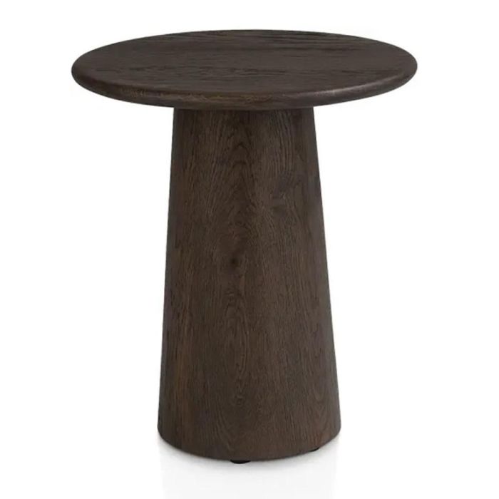 Ronde bijzettafel Ravello basalt met donkere houtstructuur en taps toelopende voet