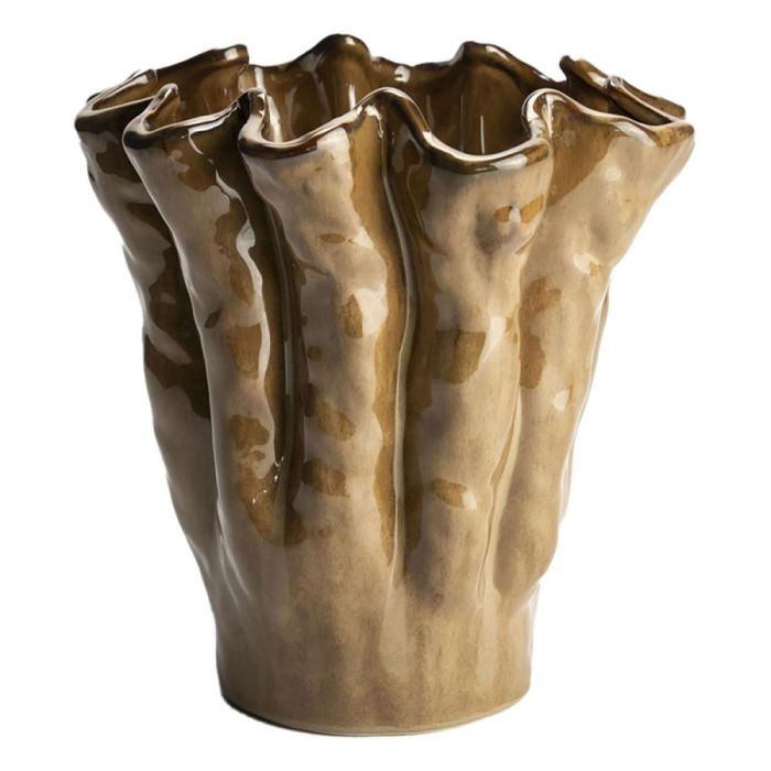 Bruine keramieken vaas met golvende rand en glanzend oppervlak in verschillende tinten bruin