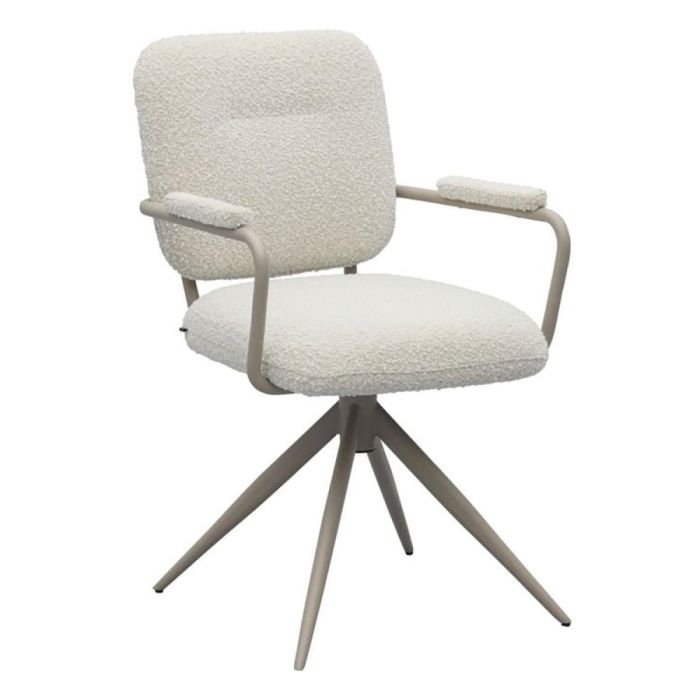 Eetkamerstoel Cielo Pearl met bouclé stof en metalen draaipoot schuin van voren