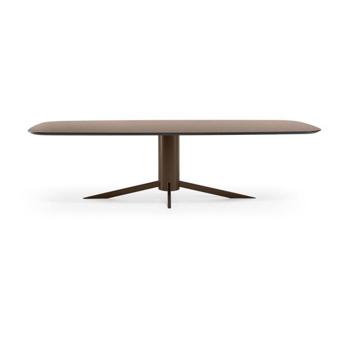 Eetkamertafel Dutchz 4301 in brons met organisch afgerond HPL-blad en kolompoot in Anodic Brown.