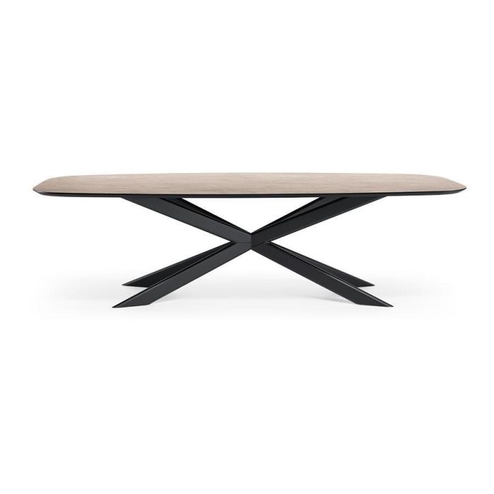 Eetkamertafel Dutchz 4301 met HPL-blad in marmerstructuur en zwarte metalen spinpoot.